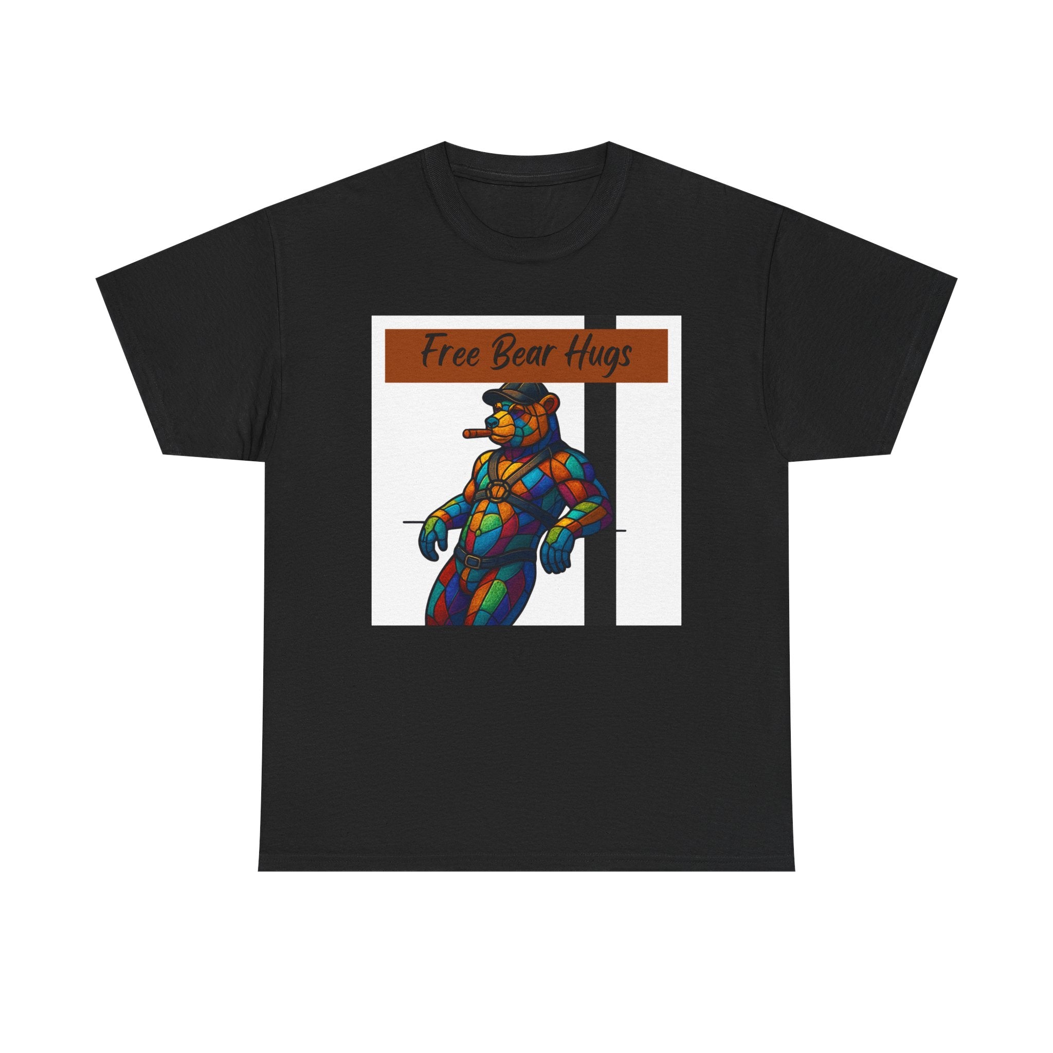 Butch Daddy Bear Cigar Tee — "Free Bear Hugs" Graphic Shirt Butch man, Daddy Bear. Free Hugs. leather Bear