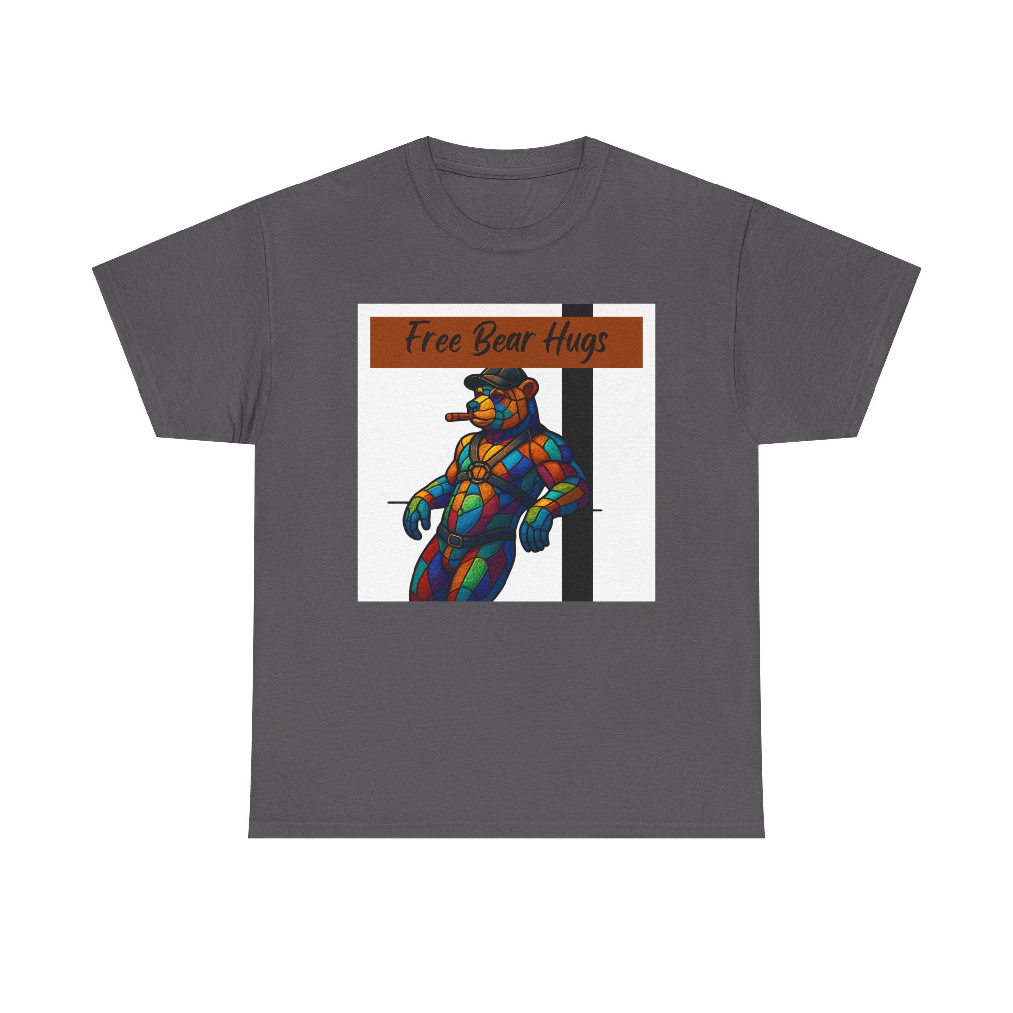 Butch Daddy Bear Cigar Tee — "Free Bear Hugs" Graphic Shirt Butch man, Daddy Bear. Free Hugs. leather Bear