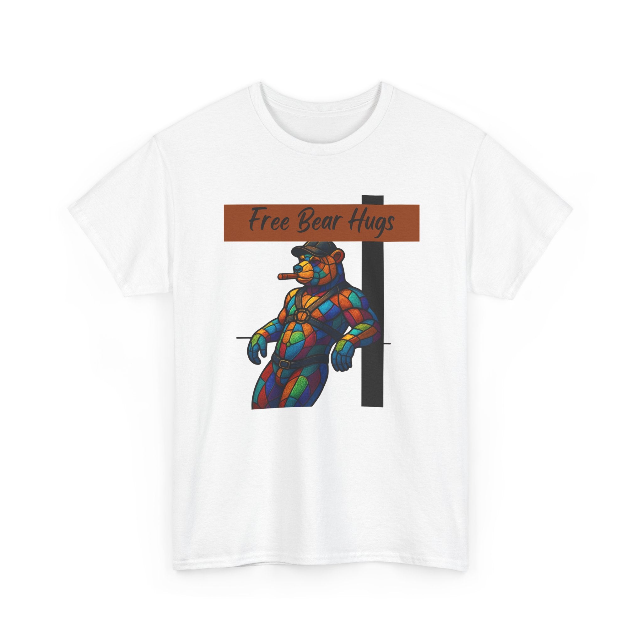 Butch Daddy Bear Cigar Tee — "Free Bear Hugs" Graphic Shirt Butch man, Daddy Bear. Free Hugs. leather Bear