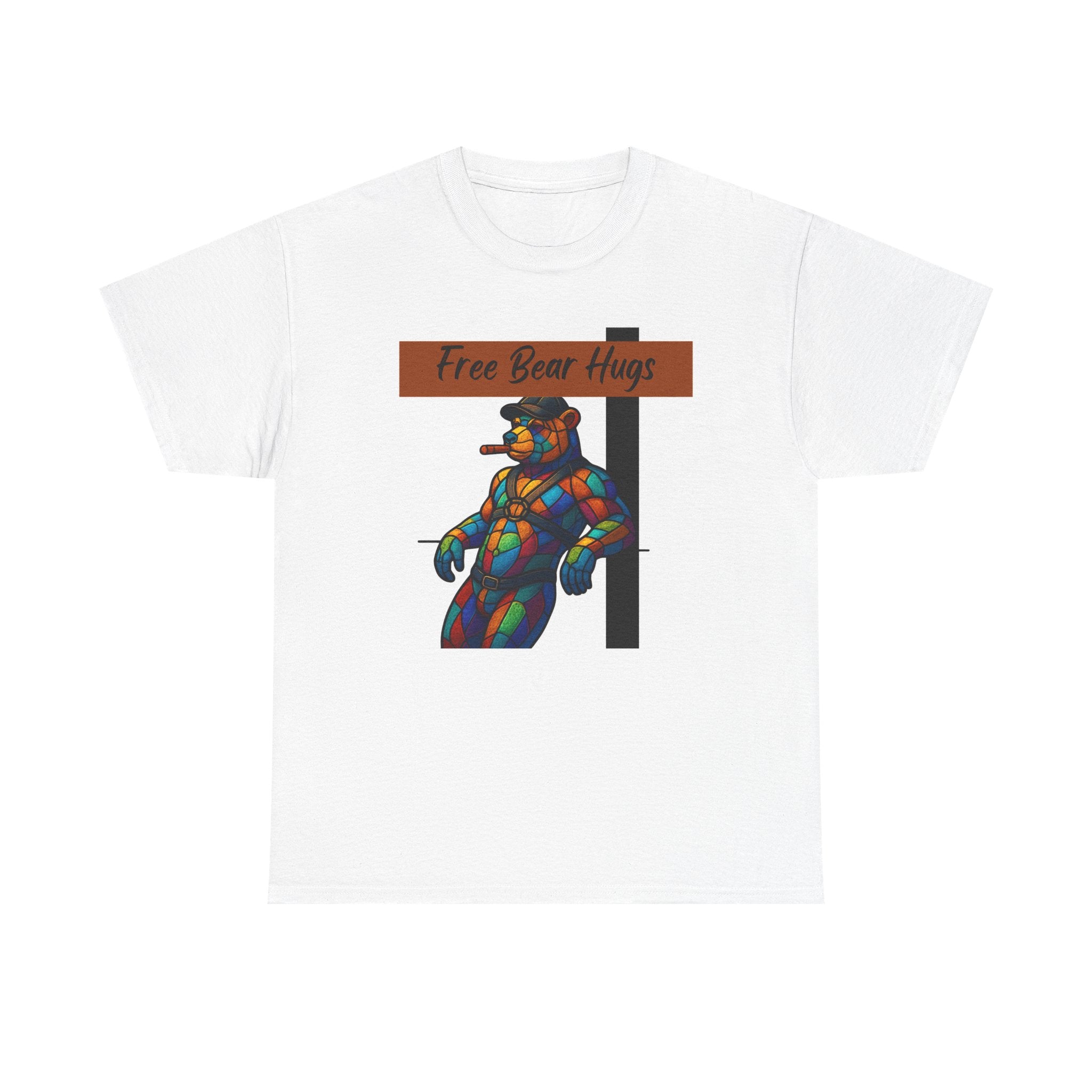 Butch Daddy Bear Cigar Tee — "Free Bear Hugs" Graphic Shirt Butch man, Daddy Bear. Free Hugs. leather Bear
